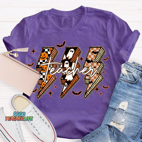 Pumpkin And Ghost Lightning Print Teacher Halloween T-shirt
