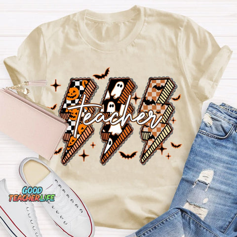 Pumpkin And Ghost Lightning Print Teacher Halloween T-shirt