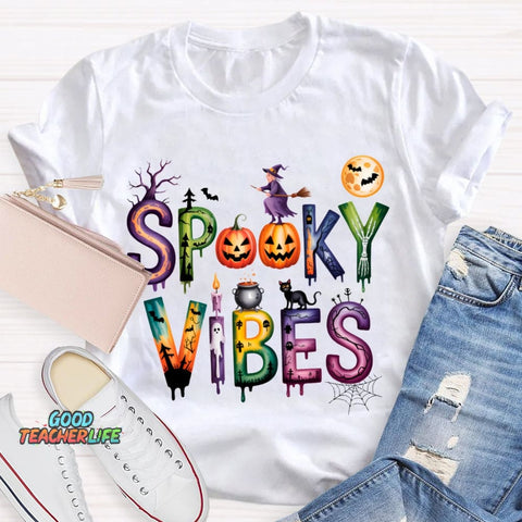 Spooky Vibes Pumpkin And Halloween Font T-shirt