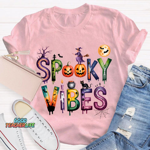 Spooky Vibes Pumpkin And Halloween Font T-shirt