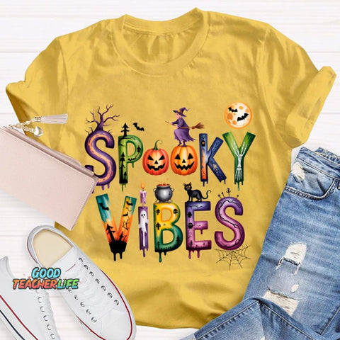 Spooky Vibes Pumpkin And Halloween Font T-shirt
