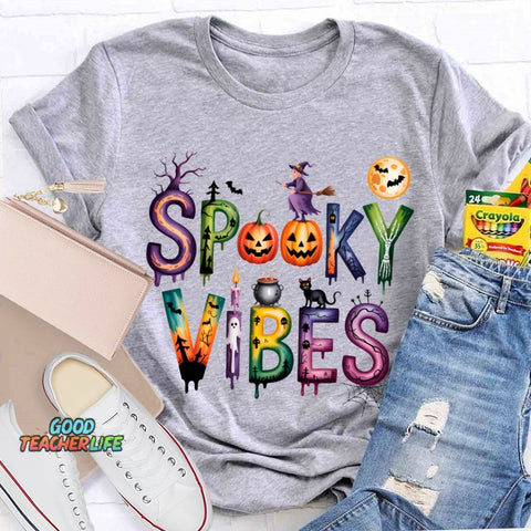 Spooky Vibes Pumpkin And Halloween Font T-shirt