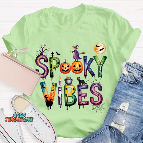 Spooky Vibes Pumpkin And Halloween Font T-shirt