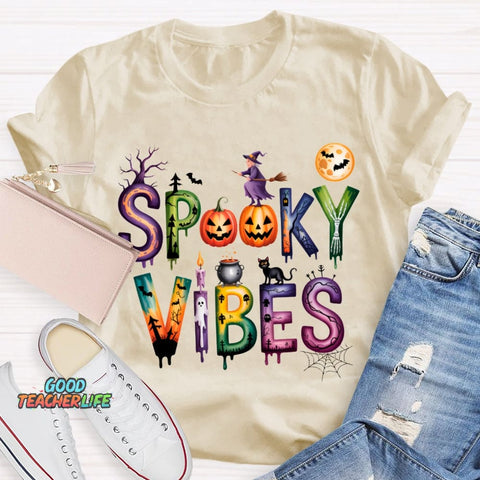 Spooky Vibes Pumpkin And Halloween Font T-shirt
