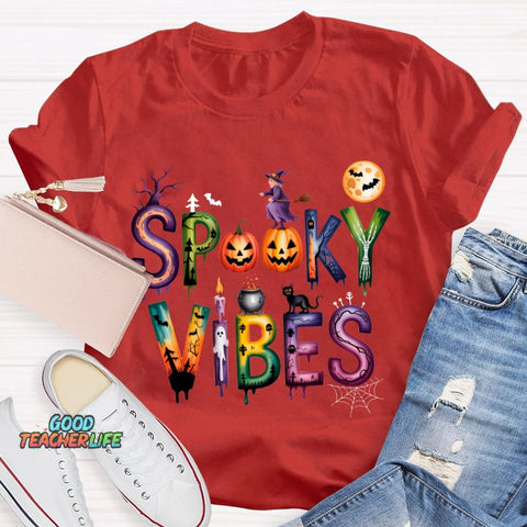 Spooky Vibes Pumpkin And Halloween Font T-shirt