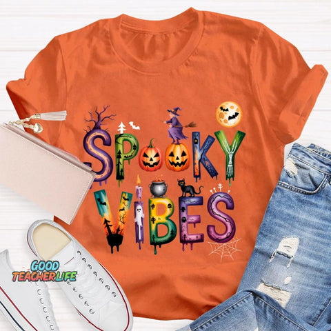 Spooky Vibes Pumpkin And Halloween Font T-shirt