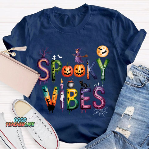 Spooky Vibes Pumpkin And Halloween Font T-shirt