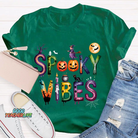 Spooky Vibes Pumpkin And Halloween Font T-shirt