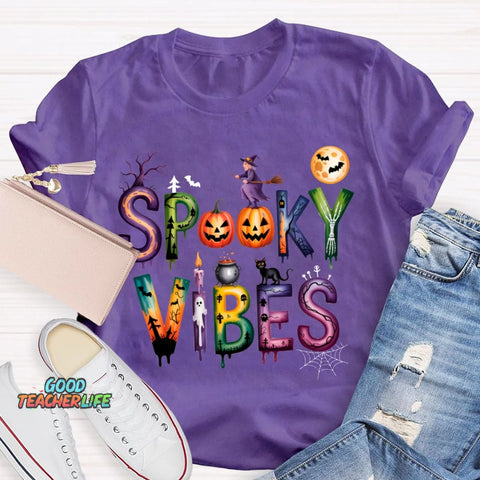 Spooky Vibes Pumpkin And Halloween Font T-shirt