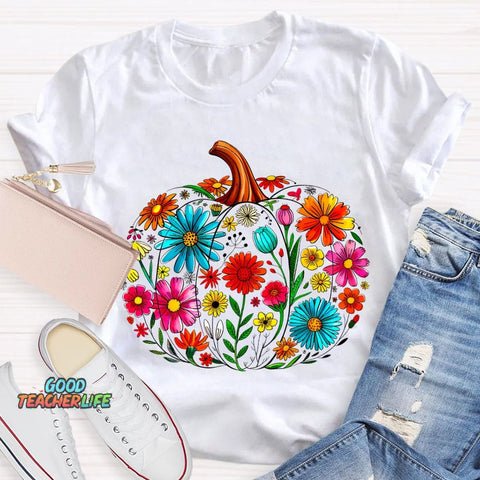 Maestra Pumpkin-Shaped Flowers Bilingual Teacher T-shirt
