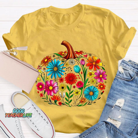 Maestra Pumpkin-Shaped Flowers Bilingual Teacher T-shirt