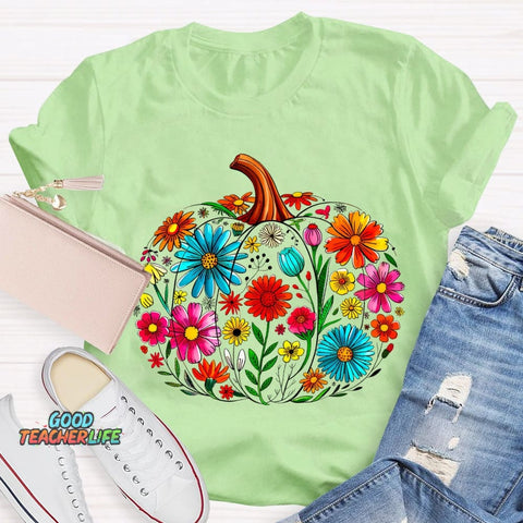 Maestra Pumpkin-Shaped Flowers Bilingual Teacher T-shirt