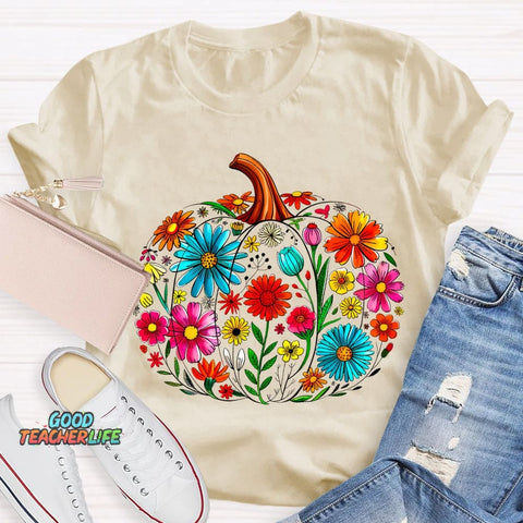 Maestra Pumpkin-Shaped Flowers Bilingual Teacher T-shirt