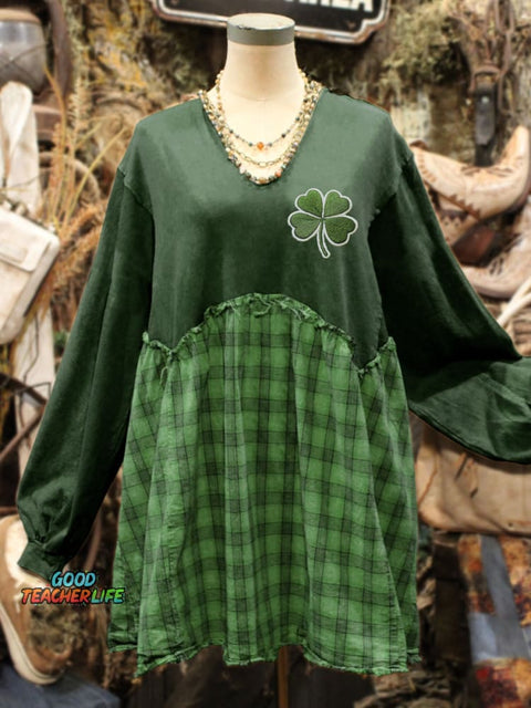 St. Patrick's Day Shamrock Art Print Plaid Stitching Sweatshirt