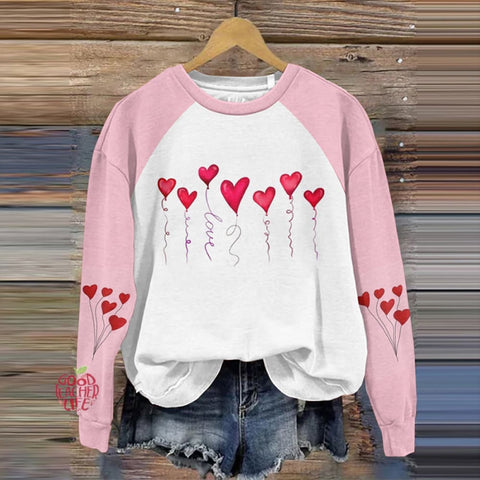 Valentine's Day Love Balloon Printed Color Block Sweatshirt