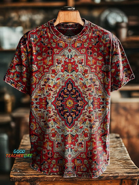 Unisex Retro Ethnic Floral Print Casual Loose Short Sleeve T-Shirt