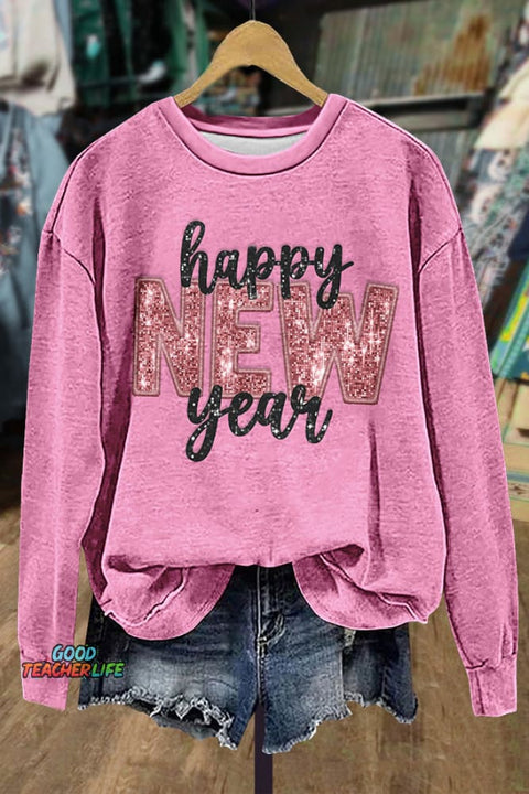 Sequin Happy New Year Patch Sweatshirt