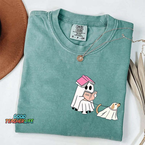 Ghost Walking Dog Reading Teacher T-Shirt