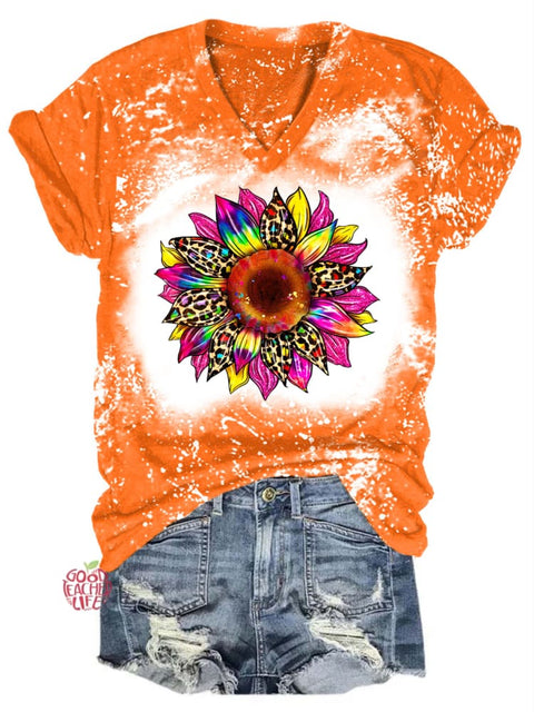 Sunflower Tie Dye Print V Neck T-shirt