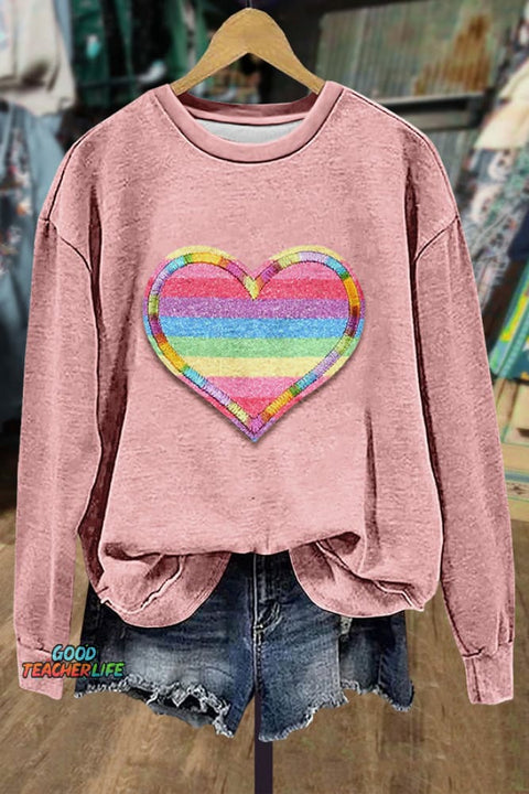 Colorful Art Heart Embroidered Sweatshirt