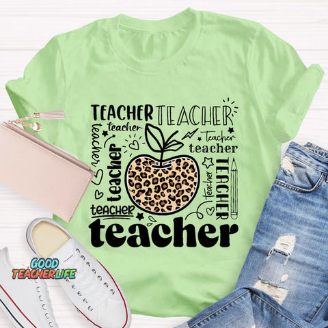 Teacher Various Fonts Various Fonts Leopard Apple T-Shirt