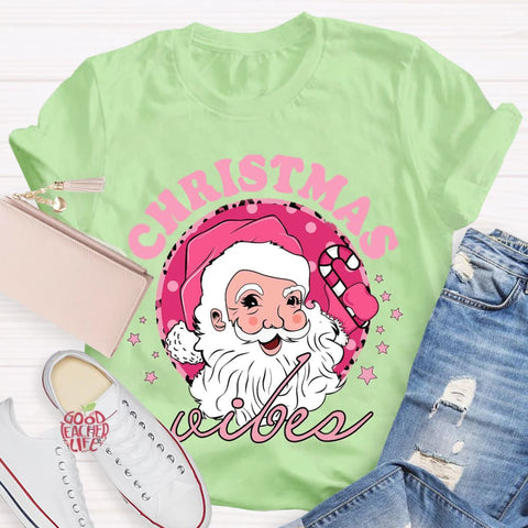 Christmas Vibes Pink Santa Claus T-Shirt