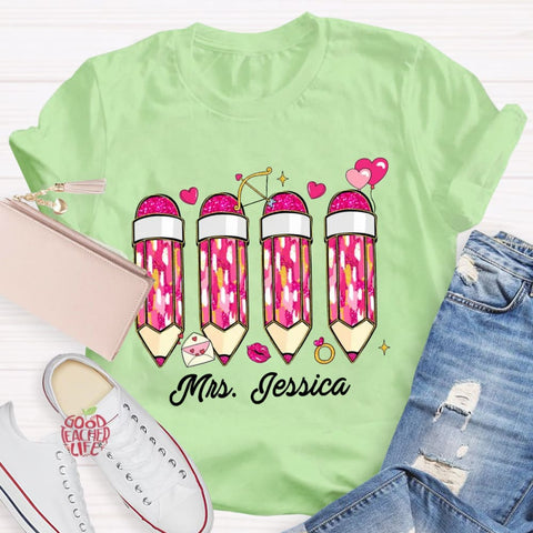 Personalized Name Pink Pencil Teacher T-Shirt