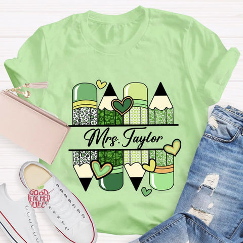 Personalized Name Green Heart Pencil Teacher T-Shirt