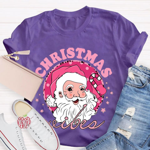 Christmas Vibes Pink Santa Claus T-Shirt