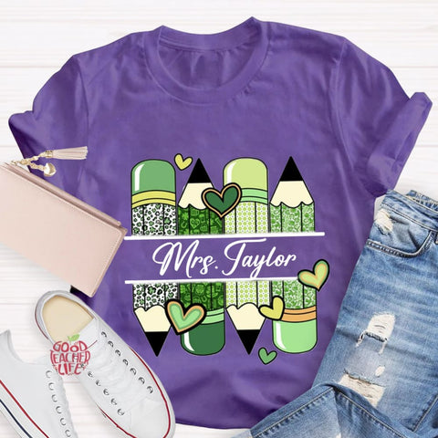 Personalized Name Green Heart Pencil Teacher T-Shirt