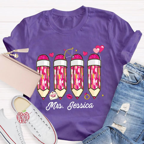 Personalized Name Pink Pencil Teacher T-Shirt