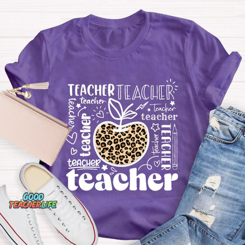 Teacher Various Fonts Various Fonts Leopard Apple T-Shirt