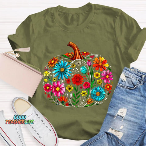 Maestra Pumpkin-Shaped Flowers Bilingual Teacher T-shirt