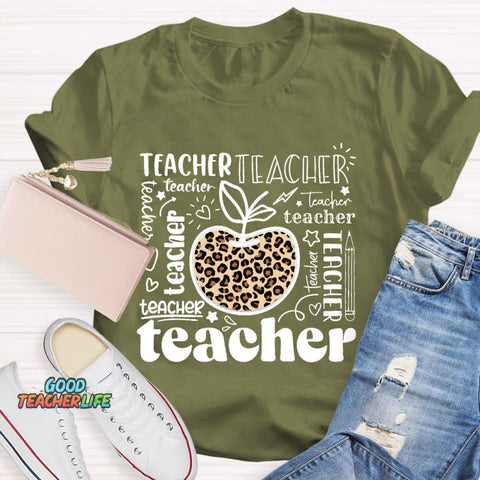 Teacher Various Fonts Various Fonts Leopard Apple T-Shirt