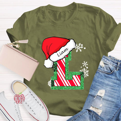 Personalized Name Merry Christmas Santa Holiday Green Red Glitter T-Shirt