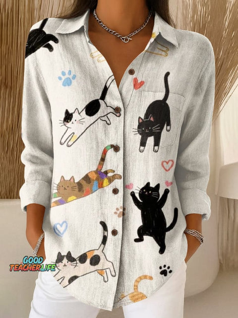 Cat Art Print Casual Long Sleeve Shirt