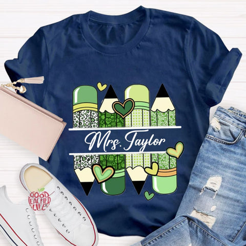 Personalized Name Green Heart Pencil Teacher T-Shirt