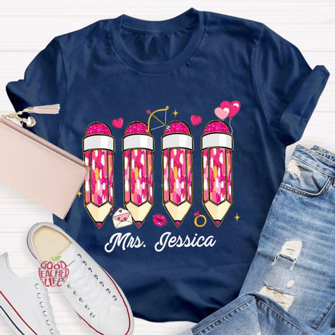 Personalized Name Pink Pencil Teacher T-Shirt