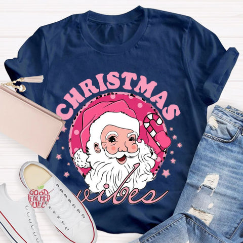 Christmas Vibes Pink Santa Claus T-Shirt