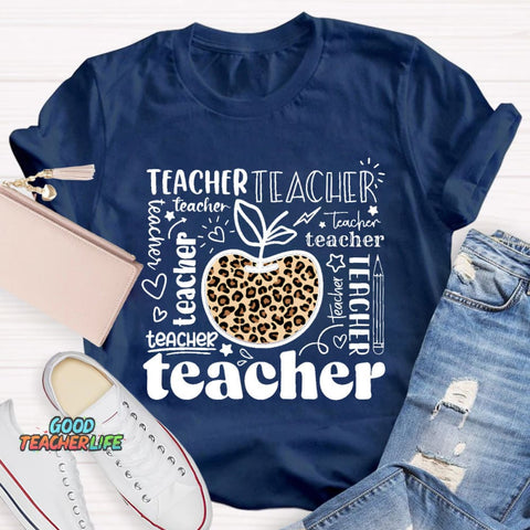 Teacher Various Fonts Various Fonts Leopard Apple T-Shirt