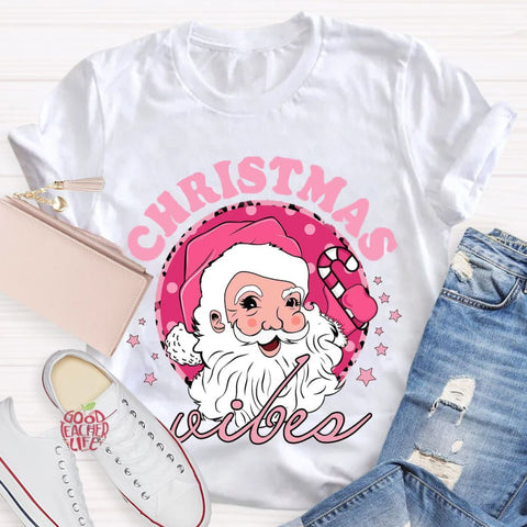 Christmas Vibes Pink Santa Claus T-Shirt