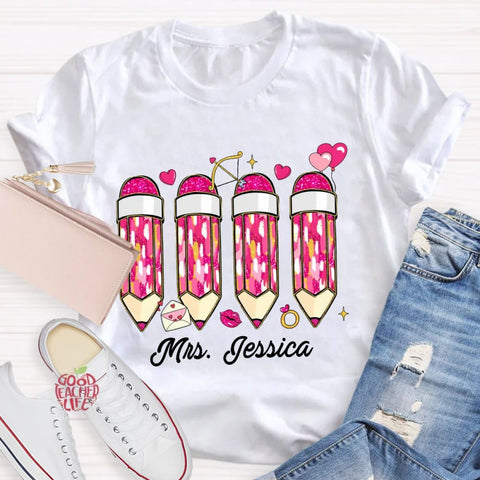 Personalized Name Pink Pencil Teacher T-Shirt