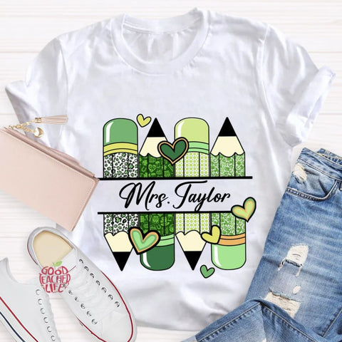 Personalized Name Green Heart Pencil Teacher T-Shirt