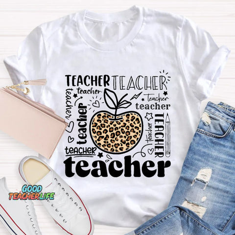 Teacher Various Fonts Various Fonts Leopard Apple T-Shirt