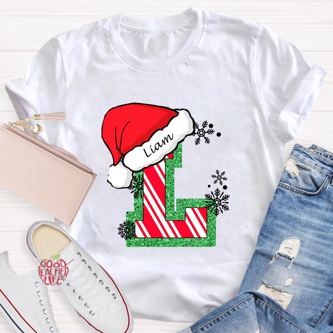 Personalized Name Merry Christmas Santa Holiday Green Red Glitter T-Shirt