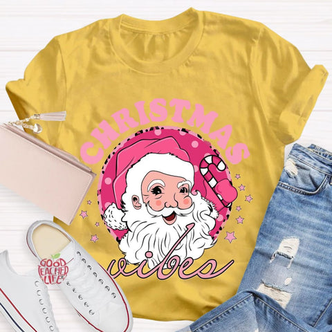 Christmas Vibes Pink Santa Claus T-Shirt