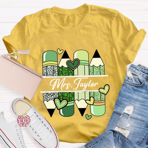 Personalized Name Green Heart Pencil Teacher T-Shirt