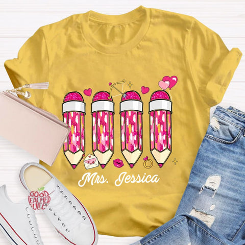 Personalized Name Pink Pencil Teacher T-Shirt