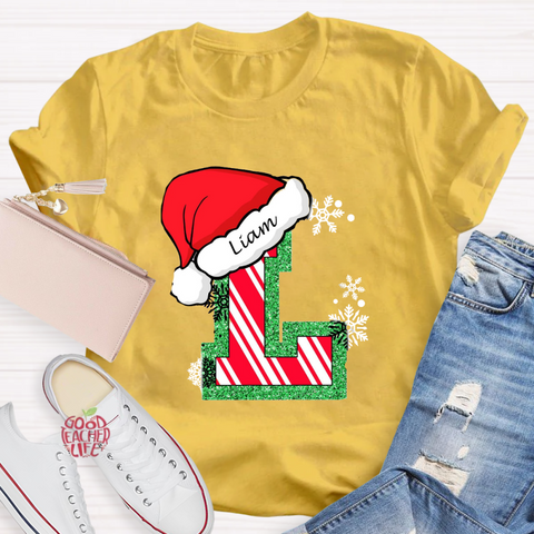 Personalized Name Merry Christmas Santa Holiday Green Red Glitter T-Shirt