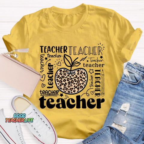 Teacher Various Fonts Various Fonts Leopard Apple T-Shirt